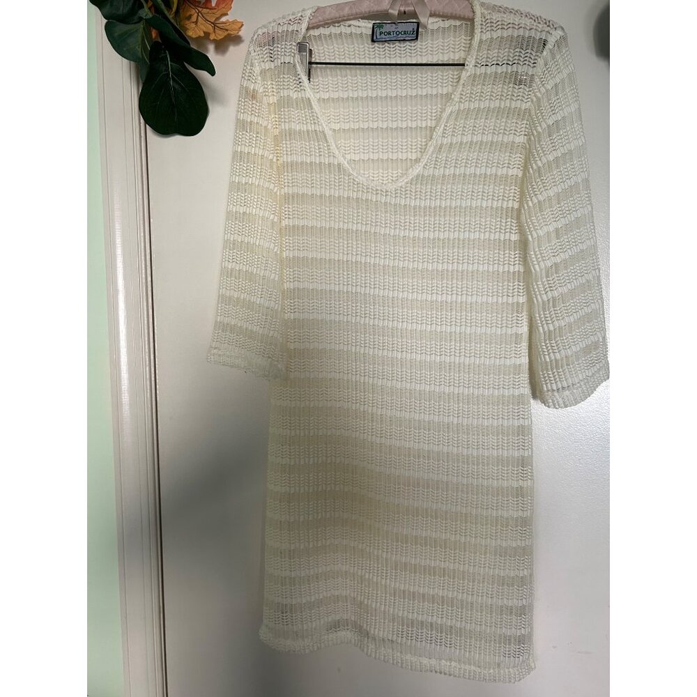 Porto Cruz Crochet Cover Up Tunic Top Open Knit Beach Swim Pool Bohemian Cream S